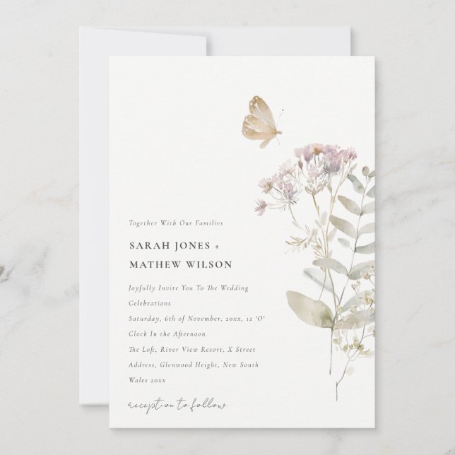 Invitación Boda de acuarela botánica Lilac Wildflower Fern (Anverso)