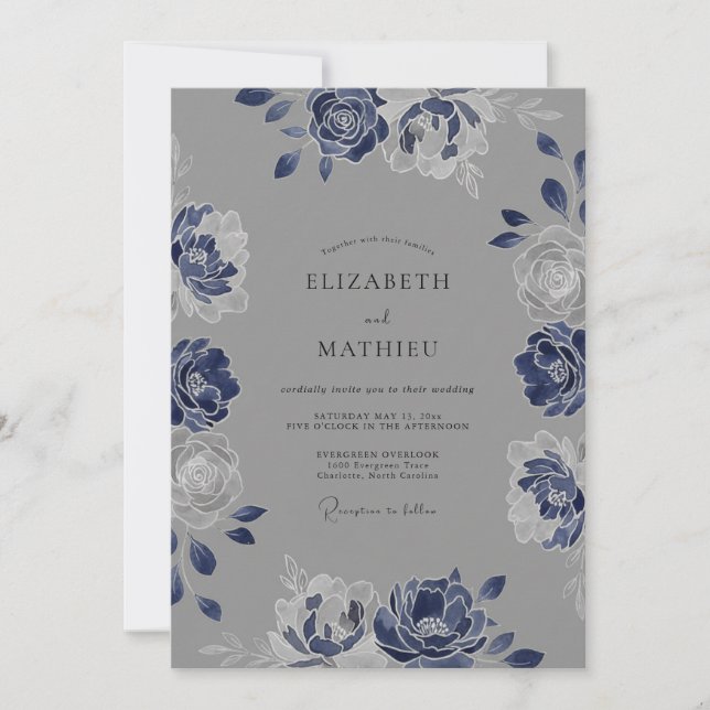 Invitación Boda de Acuarela Botánica Pizarra Índigo (Anverso)