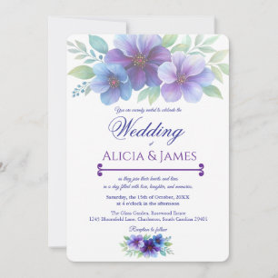 Invitación Boda de acuarela botánica púrpura romántico azul