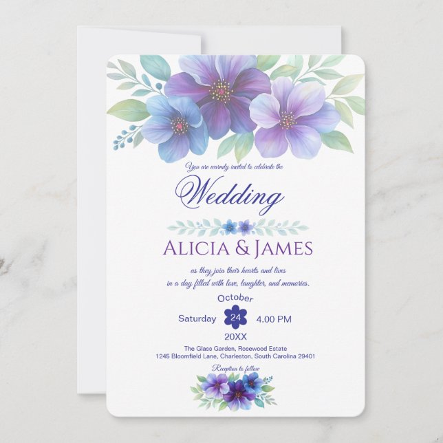 Invitación Boda de acuarela botánica púrpura romántico azul (Anverso)