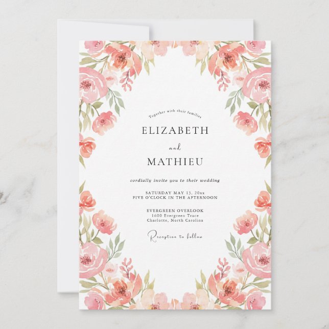 Invitación Boda de Acuarela Botánica Rosa Melocotón (Anverso)