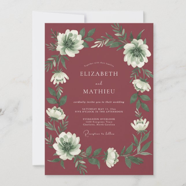 Invitación Boda de Acuarela Botánica Rosa Profundo (Anverso)