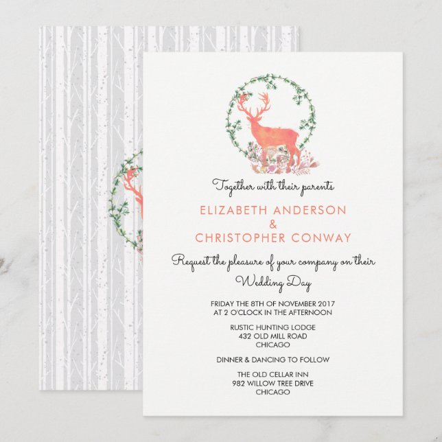 Invitación Boda de acuarela botánica rusa de renos (Anverso / Reverso)