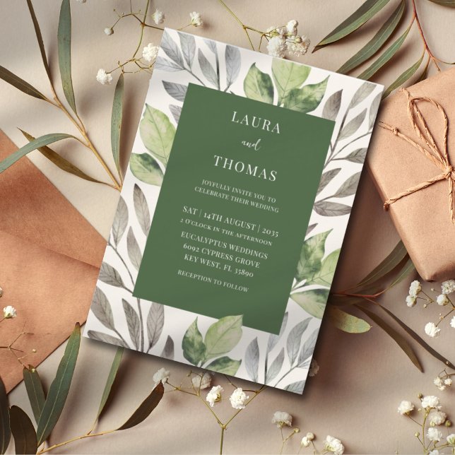 Invitación Boda de acuarela botánica verde moderno (Subido por el creador)