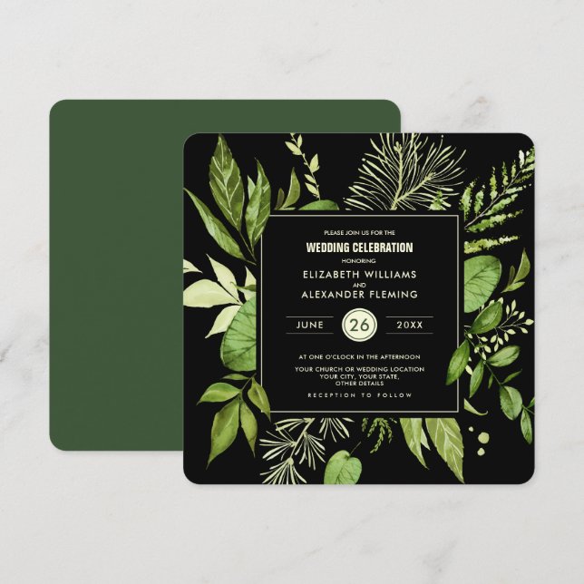 Invitación Boda de acuarela botánica verde negro (Anverso / Reverso)