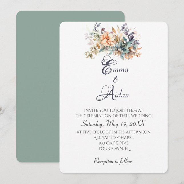 Invitación Boda De Acuarela Bouquet En Marfil (Anverso / Reverso)