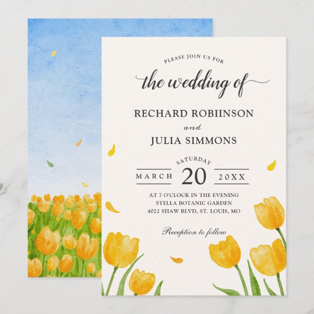 Invitación Boda de acuarela bucal de tulipanes amarillos (Anverso / Reverso)