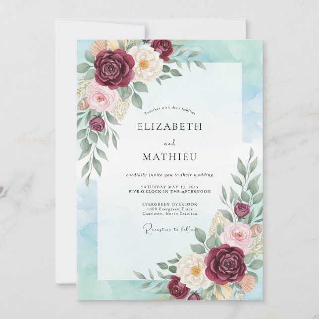 Invitación Boda de Acuarela Burgundy Divine (Anverso)