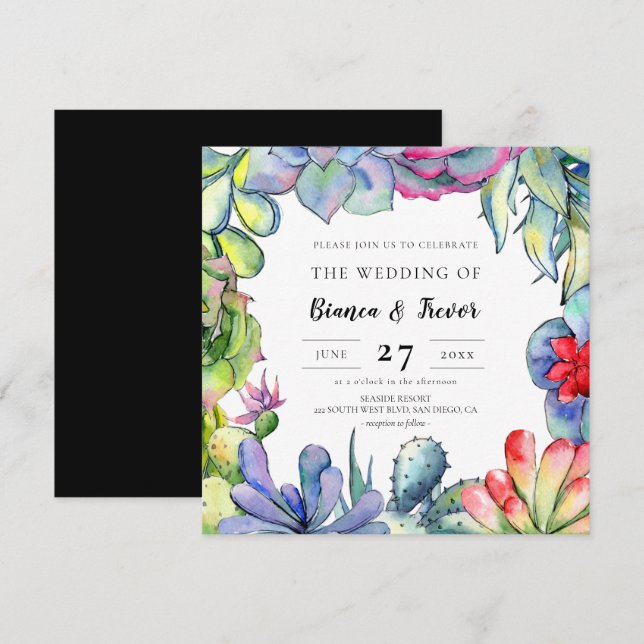 Invitación Boda de acuarela cacti y suculentas (Anverso / Reverso)
