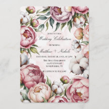 Boda de acuarela con peonía rosa y algodón 