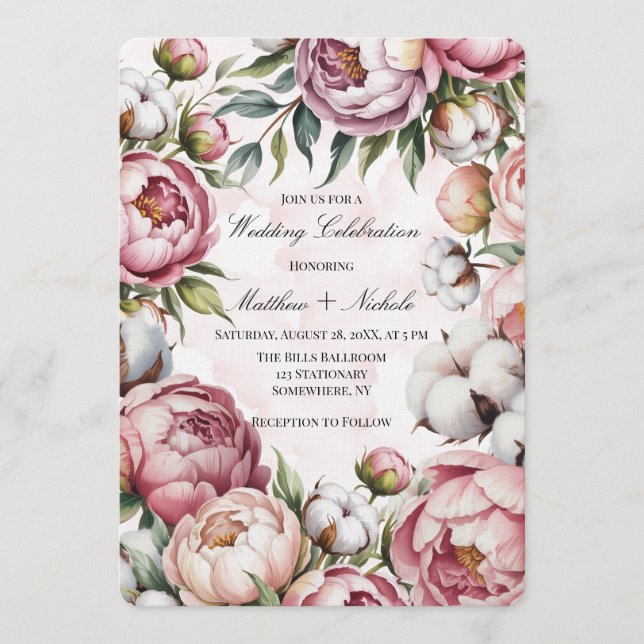 Invitación Boda de acuarela con peonía rosa y algodón  (Anverso)