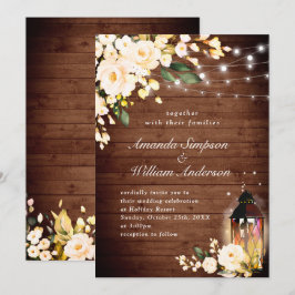 Invitación Boda de acuarela con rosas y farolillos de madera 