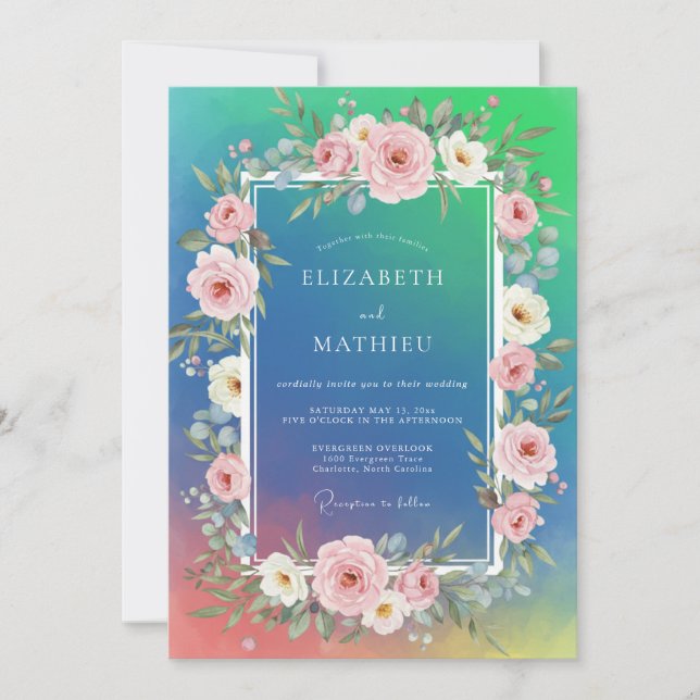 Invitación Boda de acuarela con rubor cian (Anverso)