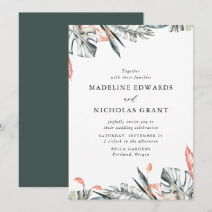 Invitación Boda de Acuarela Coral y Hojas Tropicales Verdes