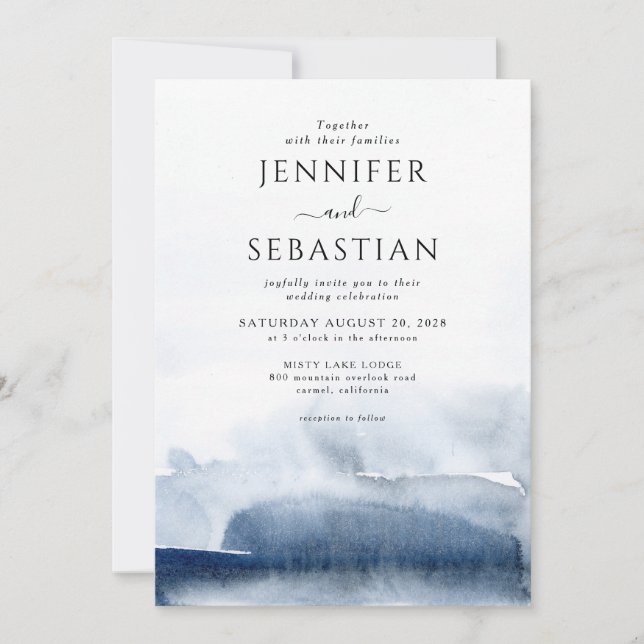 Invitación Boda de acuarela de abstracto azul etéreo (Anverso)