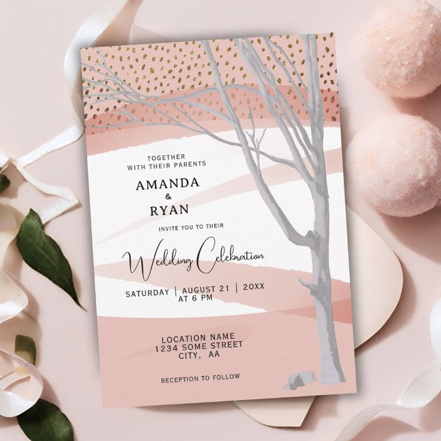 Invitación Boda de acuarela de árbol de invierno ruso rosa Ru (Subido por el creador)