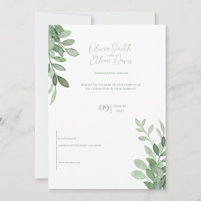 Invitación Boda de acuarela de árbol de oliva (Anverso)