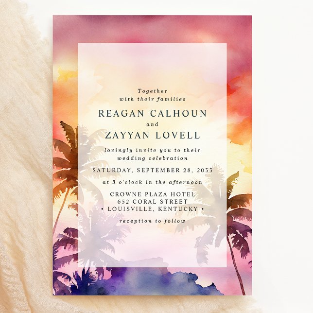 Invitación Boda de acuarela de árbol de palmas tropicales con (Subido por el creador)