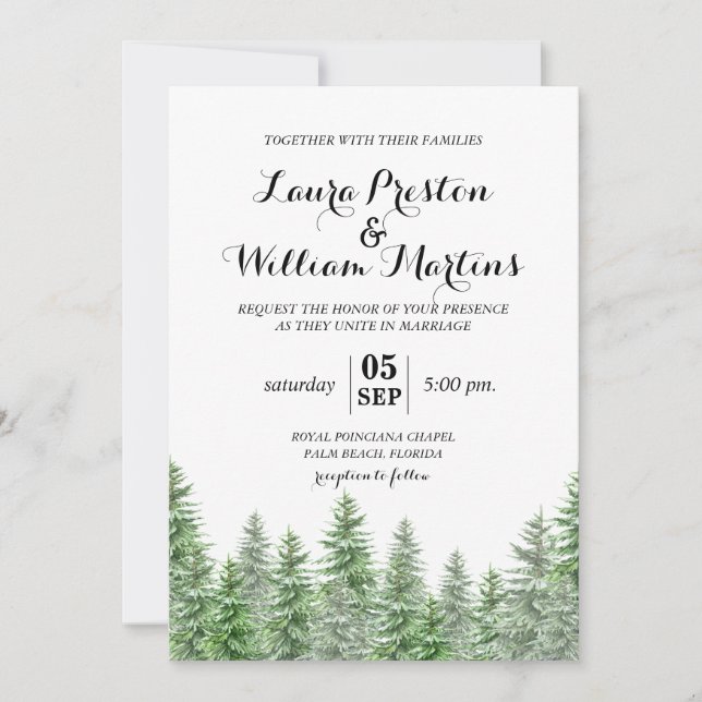 Invitación Boda de acuarela de árbol de pino (Anverso)