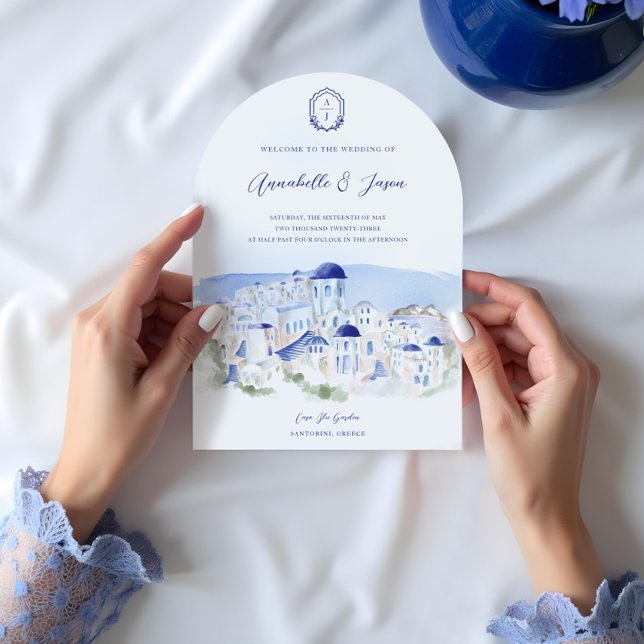 Invitación Boda de acuarela de arquitectura griega Santorini (Santorini Greece Architecture Watercolor Wedding Invitation)