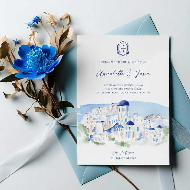 Invitación Boda de acuarela de arquitectura griega Santorini (Santorini Greece Architecture Watercolor Wedding Invitation)