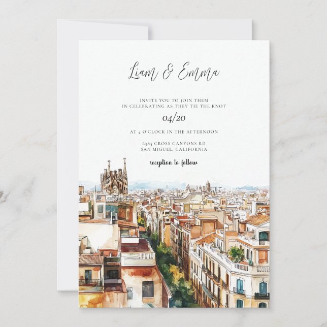 Invitación Boda de acuarela de Barcelona (Anverso)