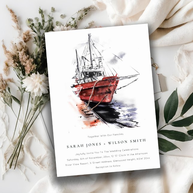 Invitación Boda de acuarela de barco de vela Rustic Harbour (Subido por el creador)