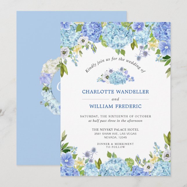 Invitación Boda de acuarela de Blue Hydrangeas Greenery (Anverso / Reverso)