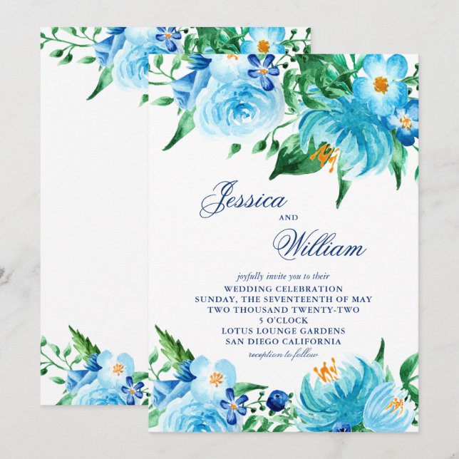 Invitación Boda de acuarela de Blue Shades Florals (Anverso / Reverso)