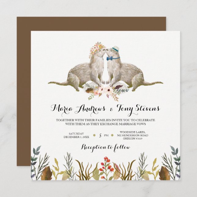 Invitación Boda de acuarela de Boho Woodland Otter (Anverso / Reverso)