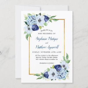 Invitación Boda de acuarela de borde dorado de floral azul