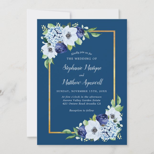 Invitación Boda de acuarela de borde dorado floral azul de la (Anverso)