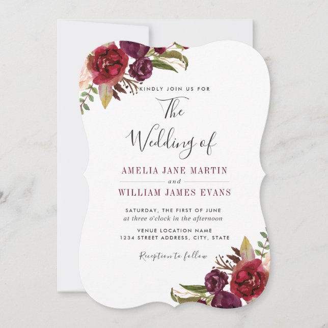 Invitación Boda de acuarela de Borgoña Floral Marsala (Anverso)