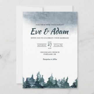 Invitación Boda de acuarela de bosque de pino con niebla inve