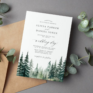 Invitación Boda de acuarela de bosque de pinos de invierno rú