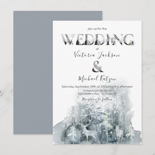 Invitación Boda de acuarela de bosques de invierno (Anverso / Reverso)