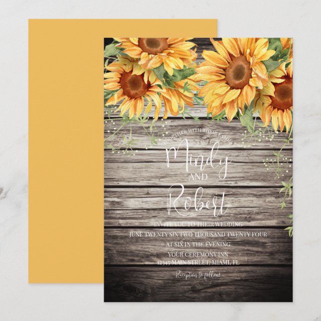 Invitación Boda de acuarela de buquet de girasoles rusos (Anverso / Reverso)