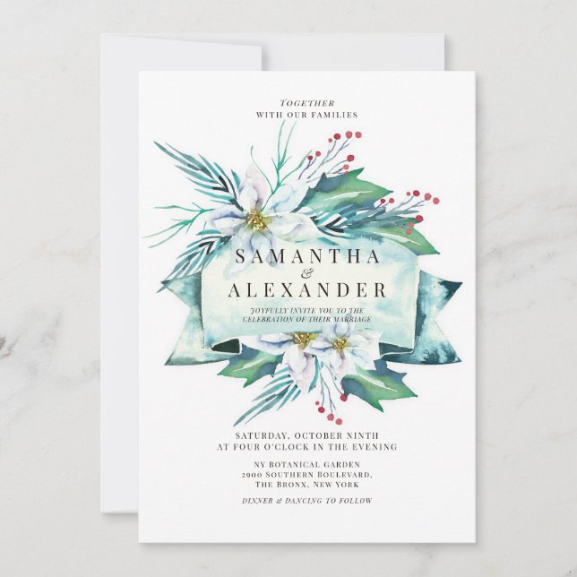 Invitación Boda de acuarela de buquet floral de invierno de p (Anverso)