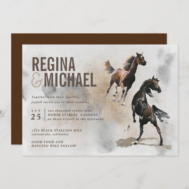 Invitación Boda de acuarela de caballos salvajes (Anverso / Reverso)