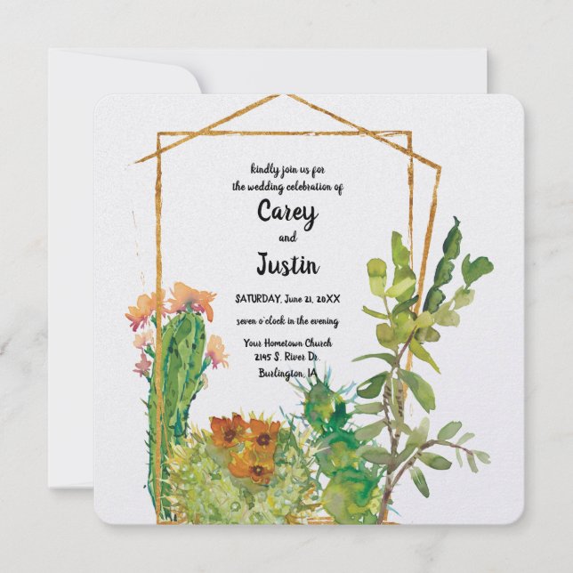 Invitación Boda de Acuarela de Cactus del Desierto (Anverso)