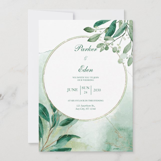 Invitación Boda de acuarela de círculo botánico verde (Anverso)