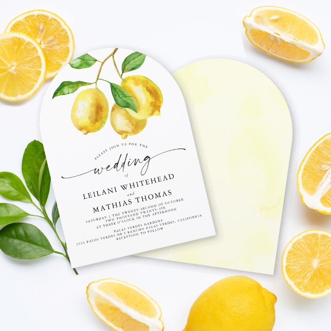 Invitación Boda de acuarela de Cítricos limón (This absolutely beautiful citrus-themed design features a watercolor lemon branch at the top. )