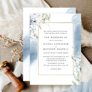 Invitación Boda de acuarela de color blanco formal, azul páli