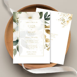 Invitación Boda de acuarela de color floral blanco y dorado e