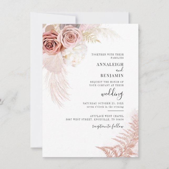 Invitación Boda de acuarela de color pampas (Anverso)