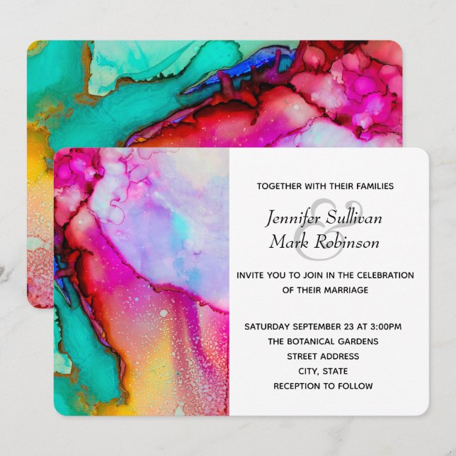 Invitación Boda de acuarela de color rosa y turquesa (Anverso / Reverso)