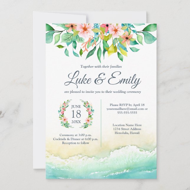 Invitación Boda de acuarela de destino tropical (Anverso)