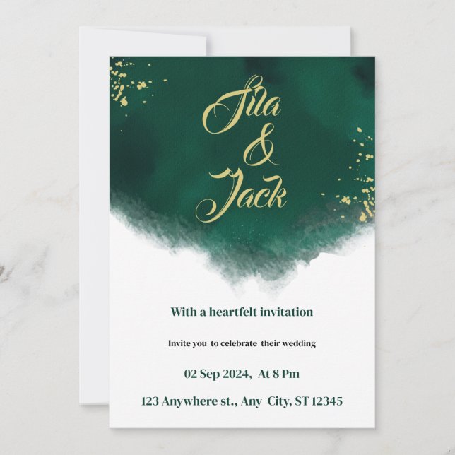 Invitación boda de acuarela de diseño verde y dorado (Anverso)