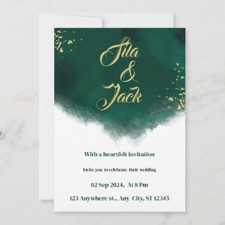 Invitación boda de acuarela de diseño verde y dorado