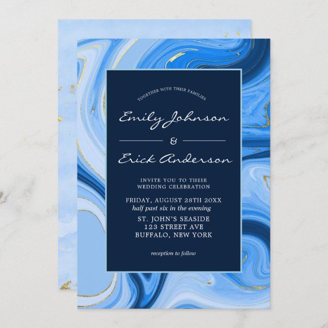 Invitación Boda de acuarela de Dusty Navy Blue Gold Agate (Anverso / Reverso)